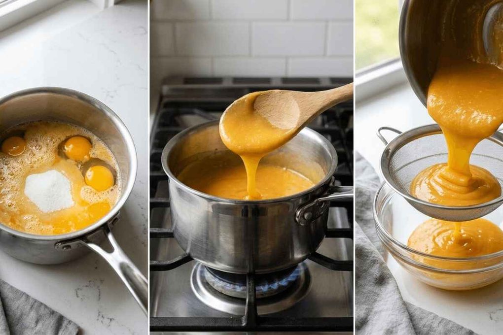 Three vertical panels demonstrating how to make the filling for an Orange dreamsicle cake: combining raw eggs, sugar, and juice in a saucepan; cooking the thickened orange mixture on a stovetop; and straining the smooth curd through a fine-mesh sieve into a bowl.