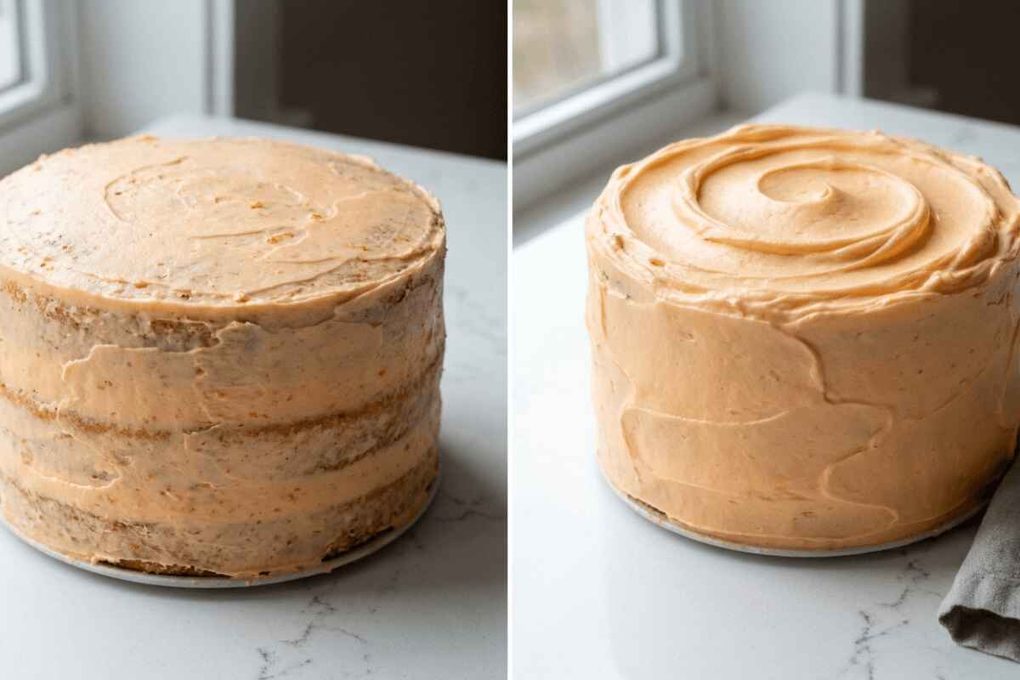 A side-by-side comparison of an Orange dreamsicle cake being frosted, showing a thin crumb coat on the left and a thick, beautifully swirled final layer of light orange buttercream on the right.