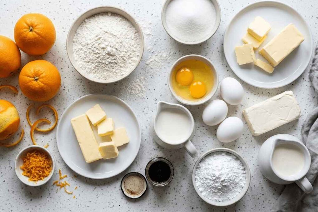 Ingredients for Orange Dreamsicle Cake with fresh oranges, flour, eggs, butter, and milk