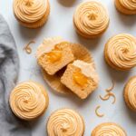 A top-down view of several elegant Orange Creamsicle Cupcakes on a white marble countertop, featuring one cupcake sliced in half to show its gooey orange curd center.