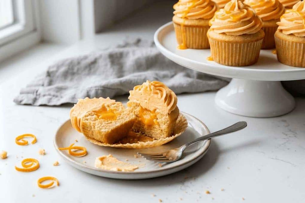 A halved Orange Creamsicle Cupcake on a small plate with a fork, showcasing the soft cake and vibrant orange curd filling, with a white cake stand of whole cupcakes in the background.