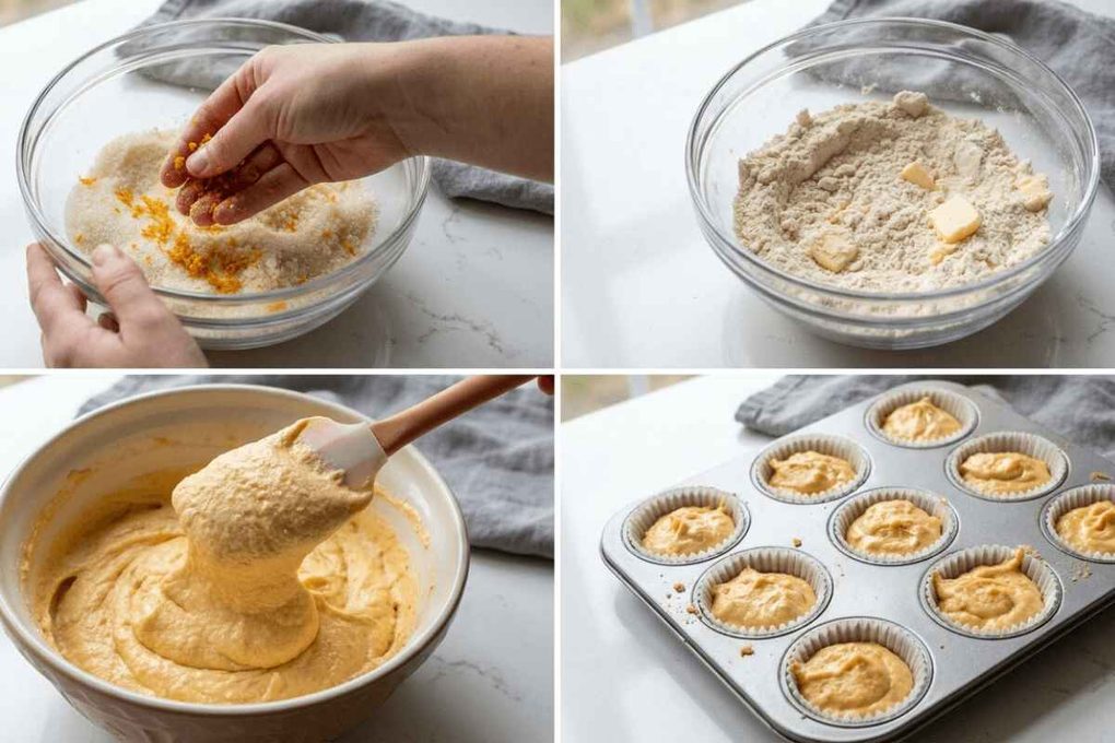 Four-panel grid showing the process of making Orange Creamsicle Cupcakes: blending fresh orange zest, mixing dry ingredients with butter, folding the final batter, and scooping it into a muffin tin.
