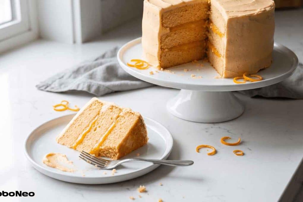 A generous slice of Orange dreamsicle cake on a white plate with a silver fork, showcasing three layers of soft sponge and bright orange curd filling, with the remaining frosted cake on a stand in the background.